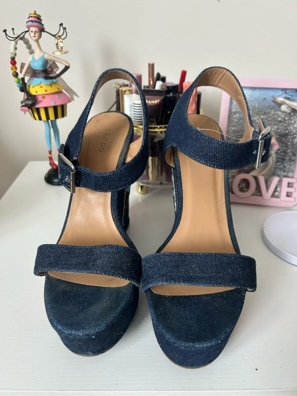 Denim Wedge Sandals with Rainbow & Heart Patches - Picture 2 of 7
